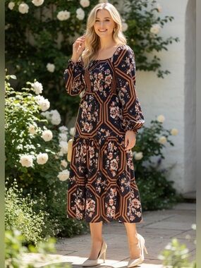 Evie Anthropologie Women Navy Floral Print Tiered Long Sleeve Midi Dress Size XS